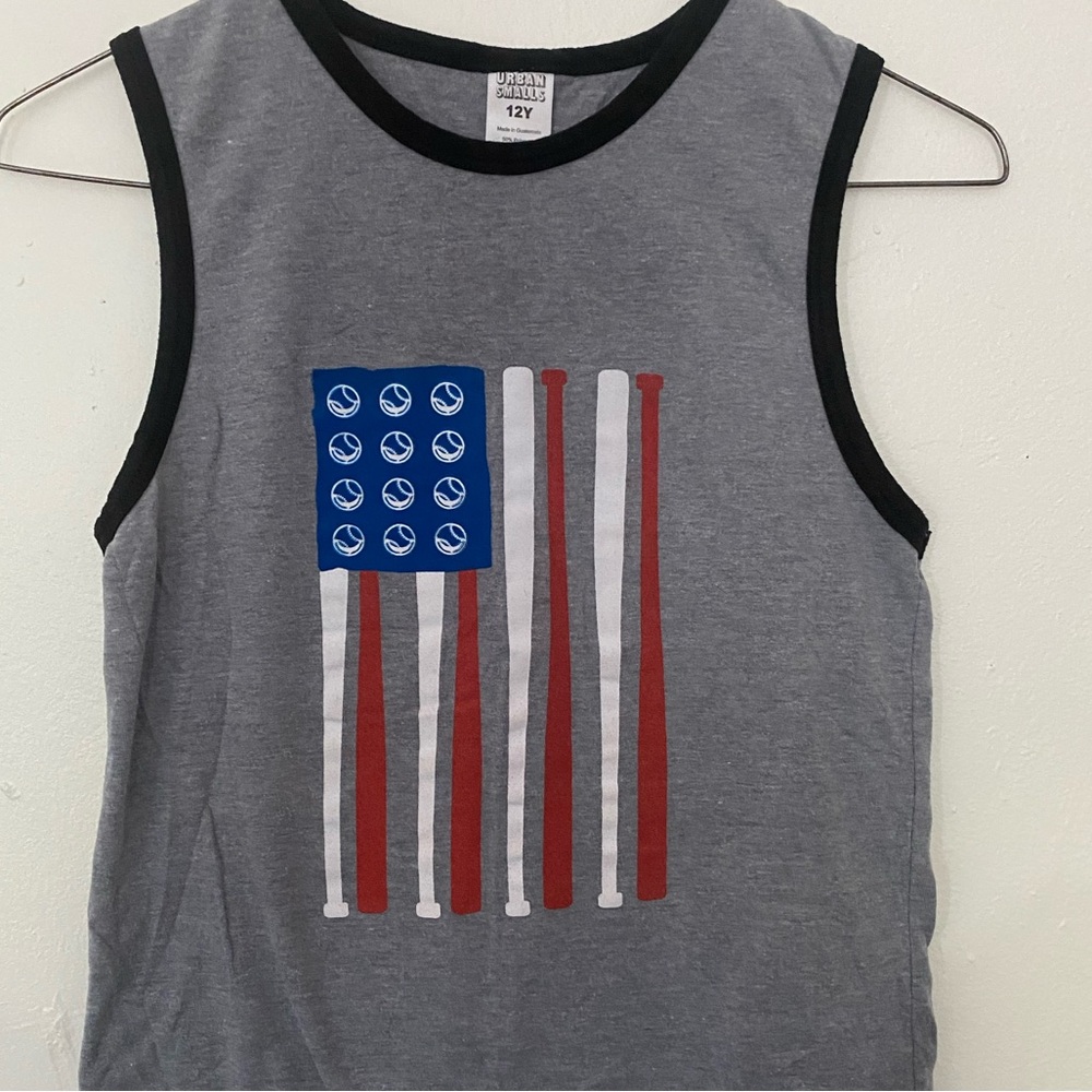 Boys Tank Top size 10-12 Urban Smalls baseball flag gray red white blue